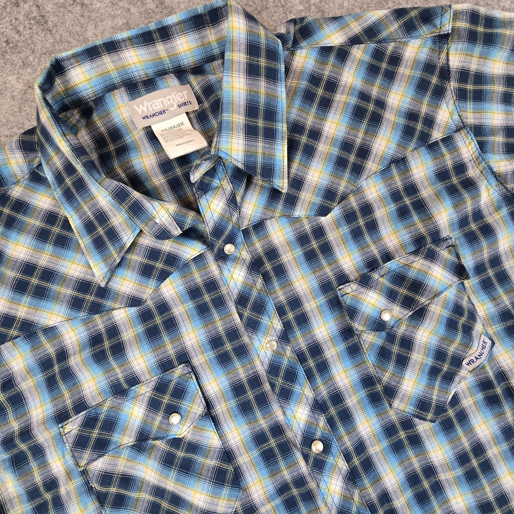 Wrangler Wrancher Shirt Mens 2XL Blue Plaid Western Pearl Snap Short Sleeve